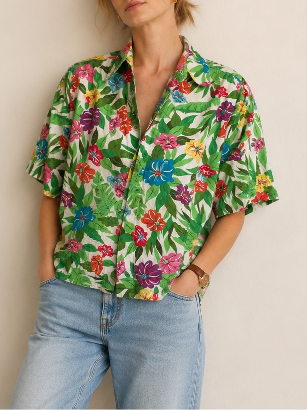 Vintage Lizsport Tropical Floral Hawaiian Cotton Button Down Shirt Sz Large